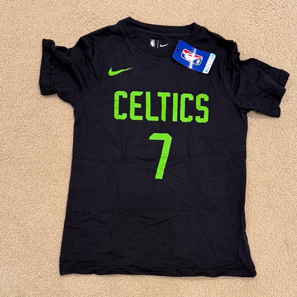 Nike Kids Black Tee with Bright Green Celtics Graphic and Number 7